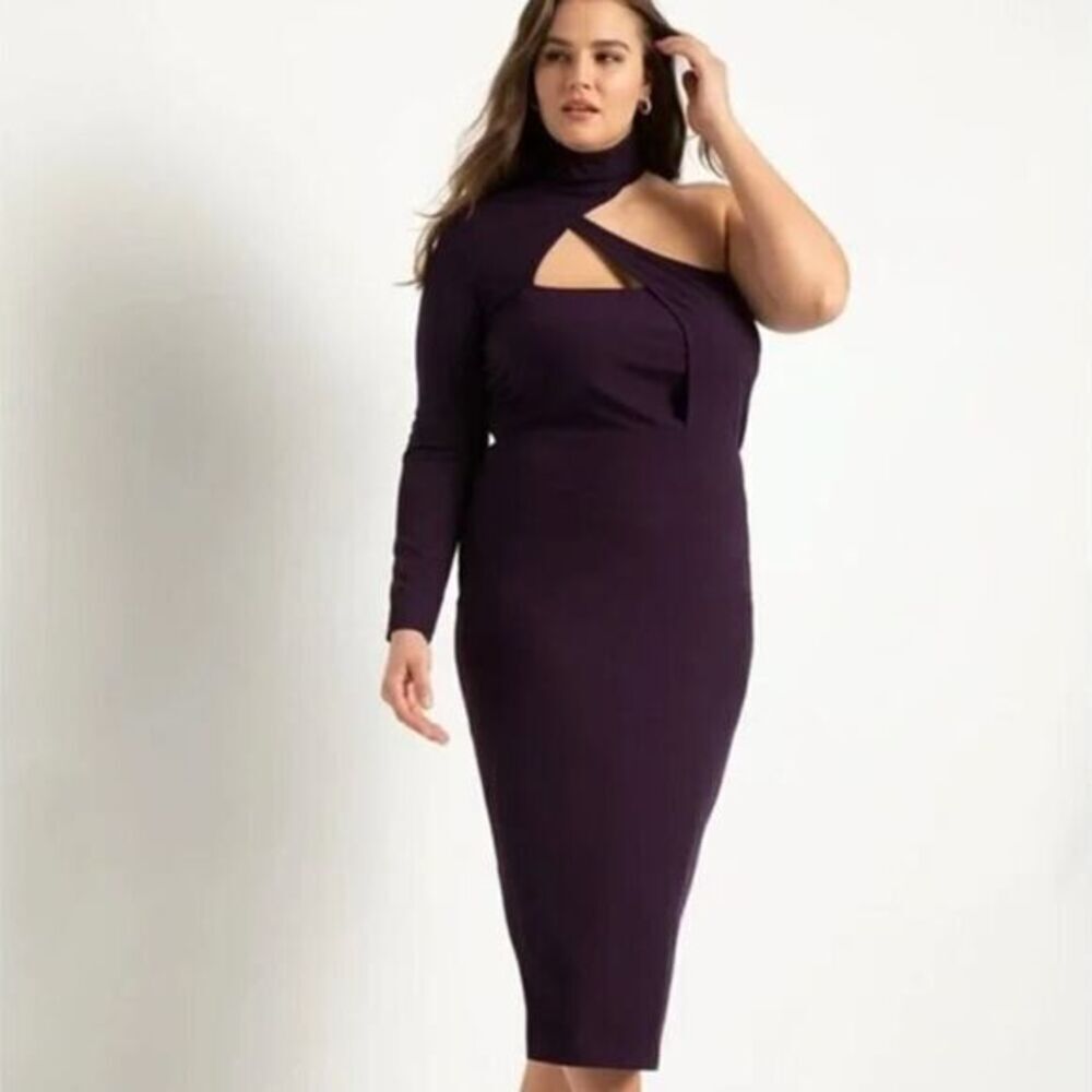 Eloquii Asymmetric Fitted Midi Sweater Dress in purple, size 18/20